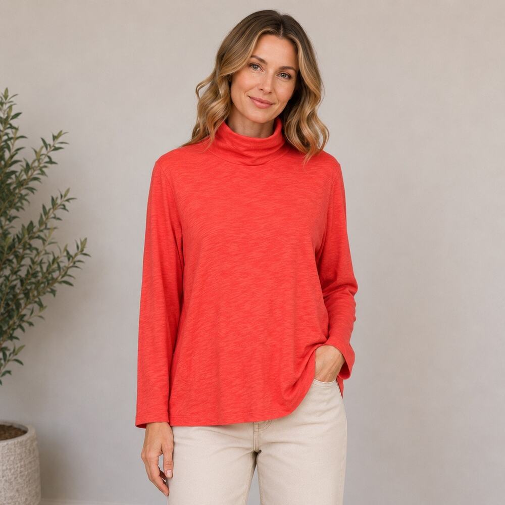 Lilla P Coral Red Orange Cotton Slub Turtleneck Top XS Long Sleeve Peru